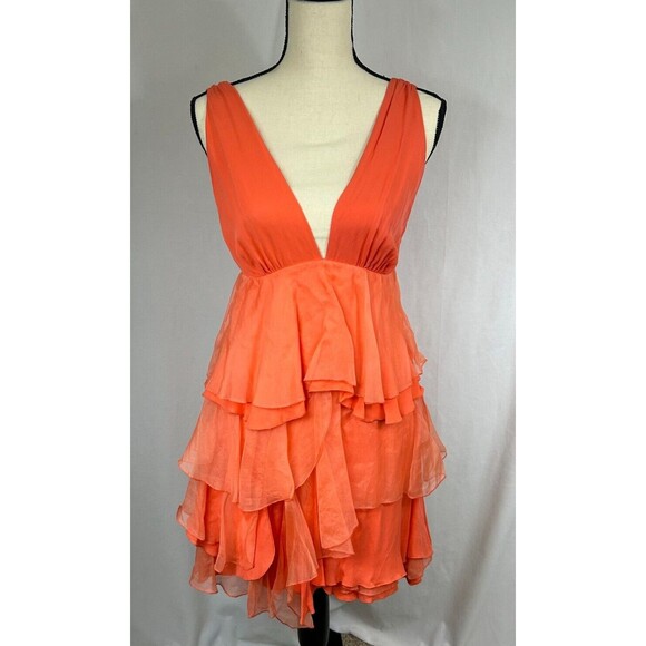 ALICE + OLIVIA Fit & Flare Silk Tiered Mini Dress - Coral Orange Tangeri… - Picture 11 of 11